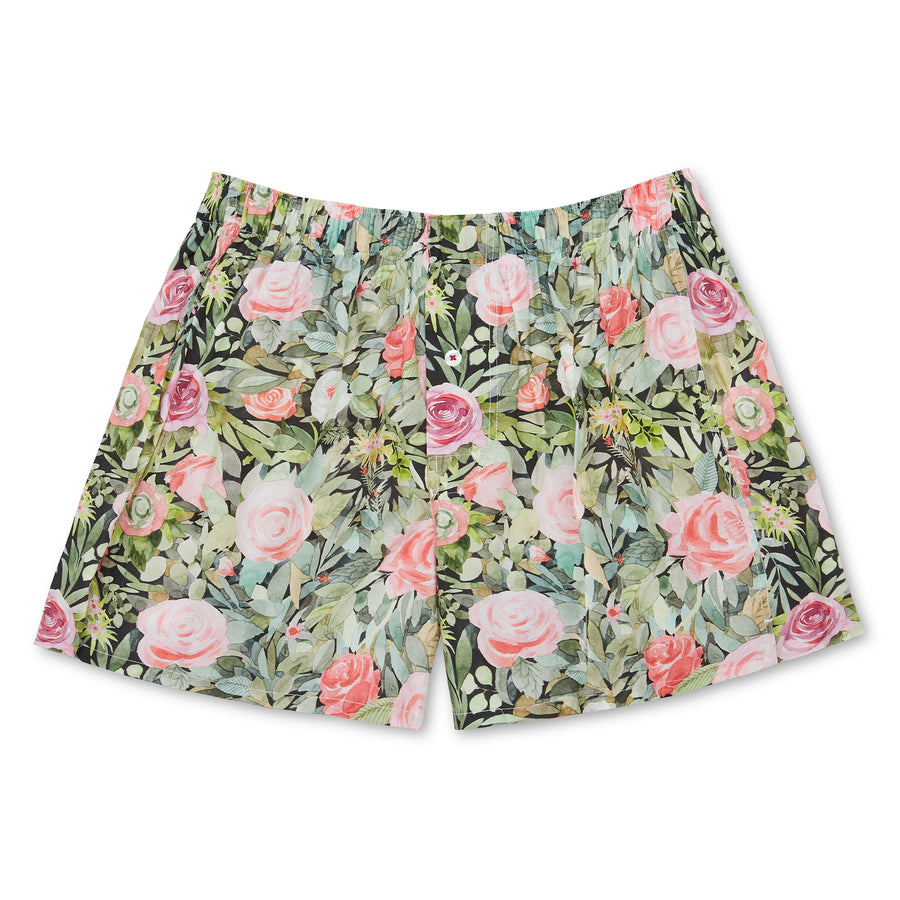 Organic Cotton Watercolor Roses Boxer Shorts - Black